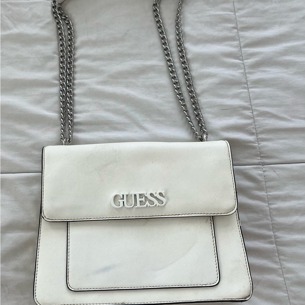 Guess White Shoulder Bag with Silver Chain Straps
